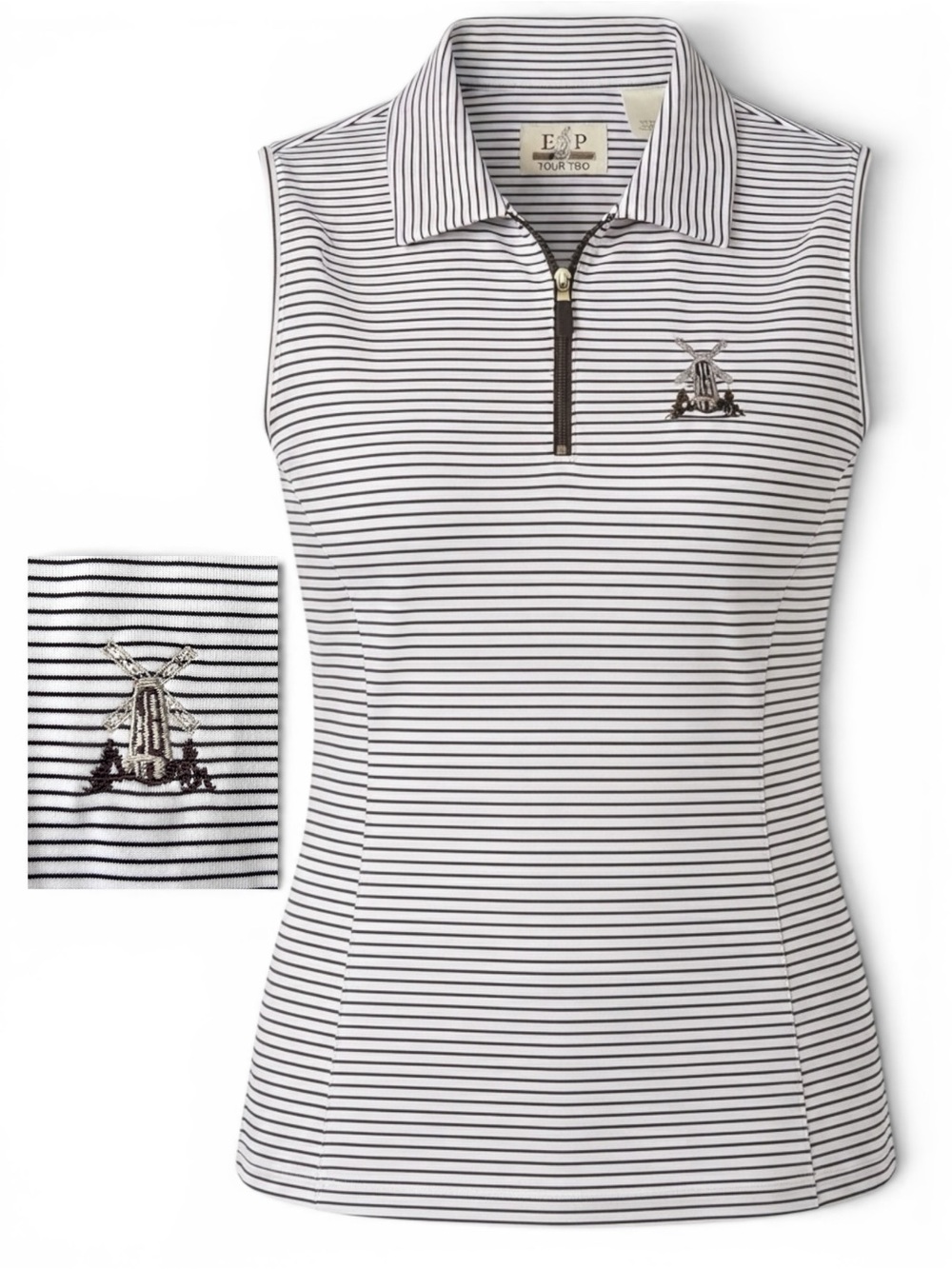EP Pro Tour Tech Womens Golf Striped Black & White Sleeveless Polo - Size Small